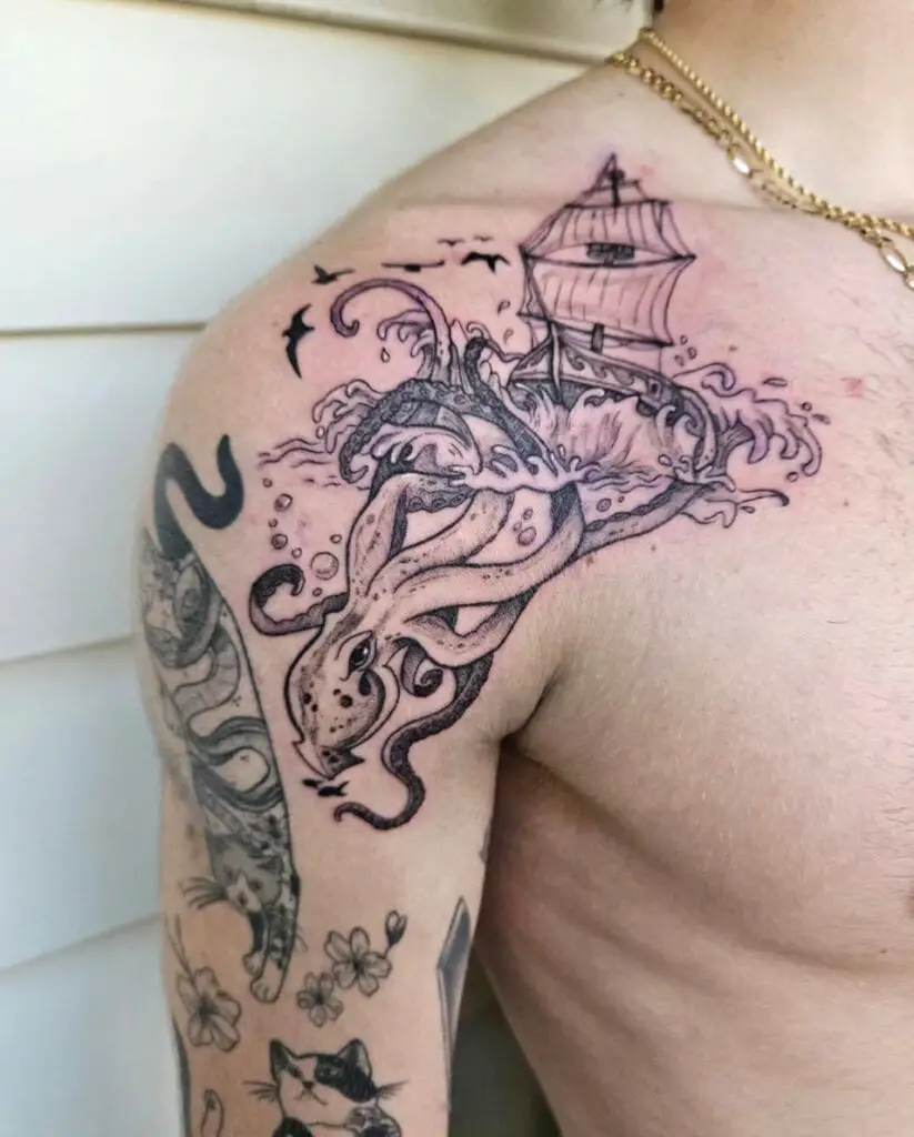 Black and Grey Kraken Attacks a Ship Shoulder Tattoo
