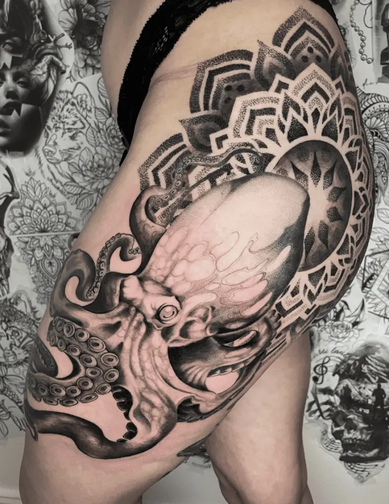 Black and Grey Kraken With Mandala Flower Thigh Tattoo