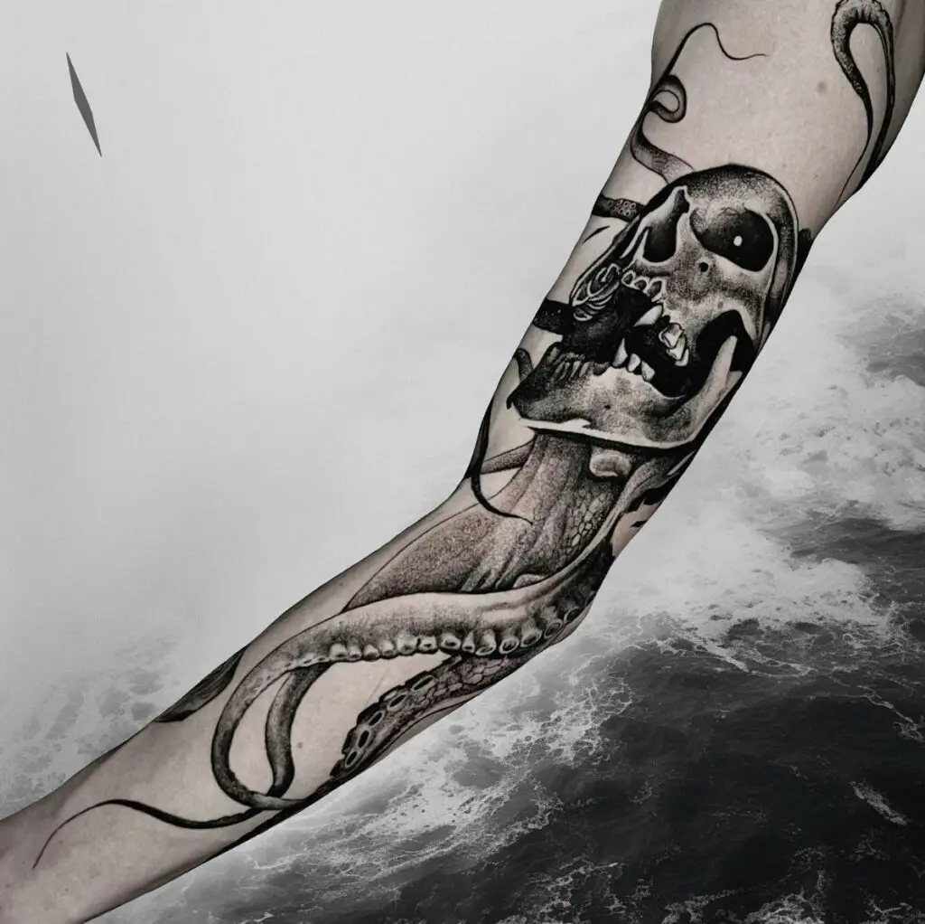 Black and Grey Long Kraken Skull Arm Tattoo