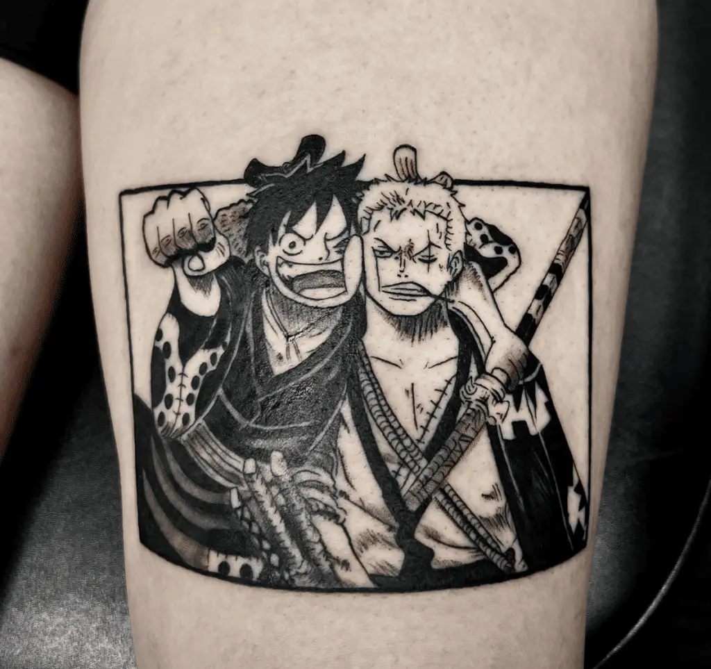 Black and Grey Luffy and Zoro Wearing Kimono in Outline Box Thigh Tattoo
