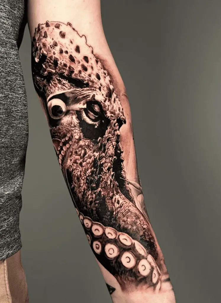 Black and Grey Realistic Kraken Arm Tattoo
