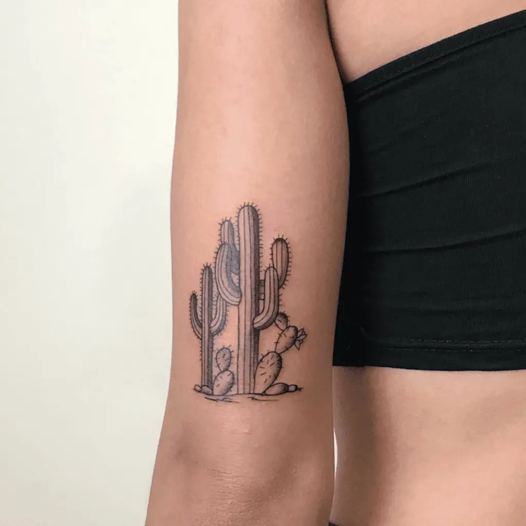 Black and Grey Saguaro Cactus Arm Tattoo