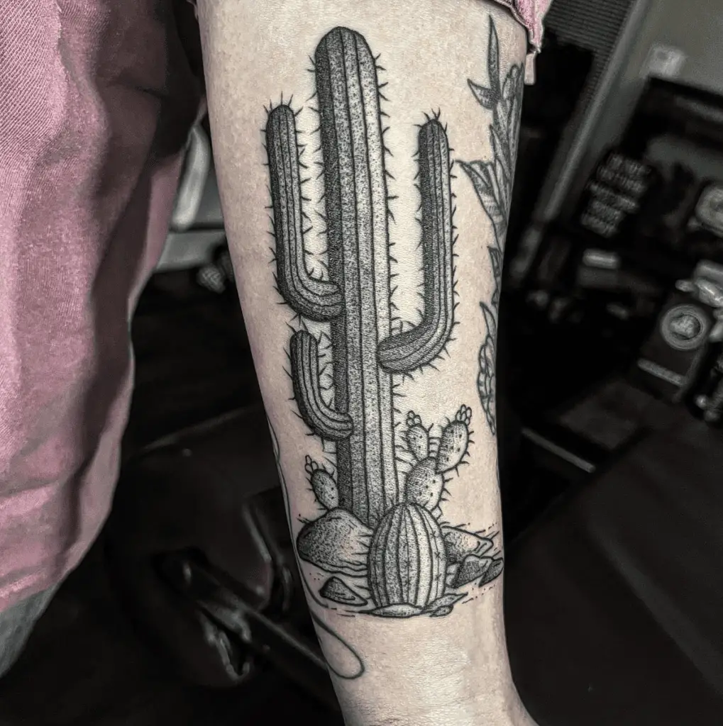 Black and Grey Spikey Cactus Plant Arm Tattoo