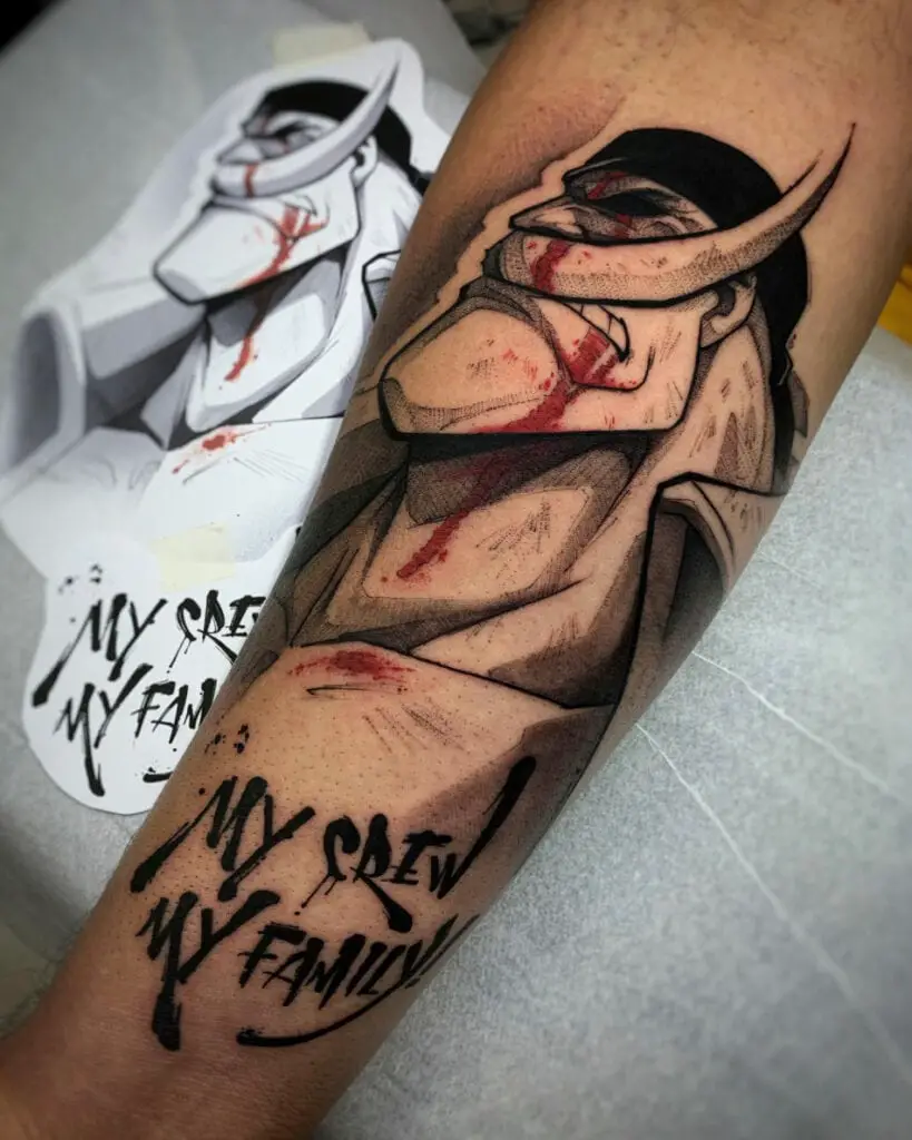 Black and Grey Whitebeard With Red Blood Above the Text Arm Tattoo