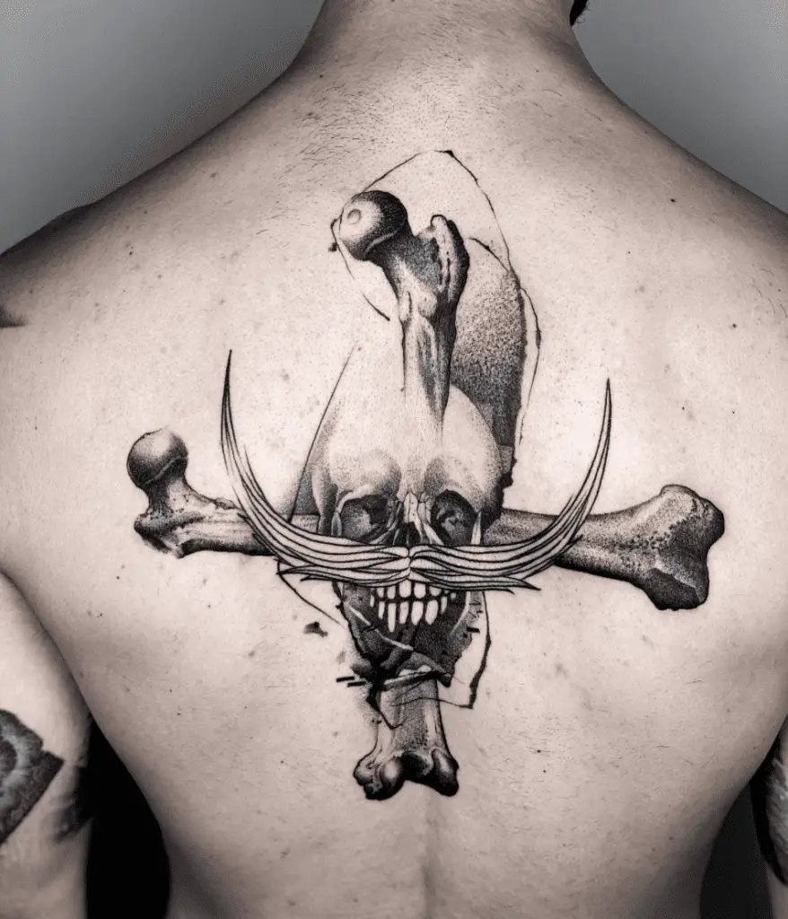 Black and Grey Whitebeard Pirate Skull Back Tattoo