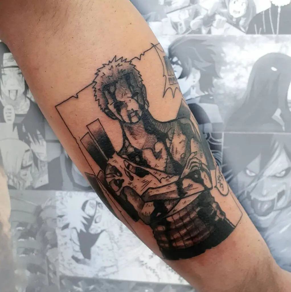 Black and Grey Wounded Zoro Leg Tattoo