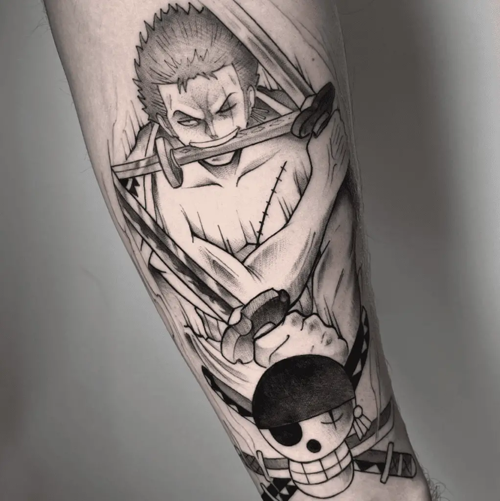 Black and Grey Zoro Biting His Sword With Pirate Skull Leg Tattoo