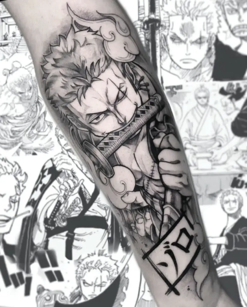 Black and Grey Zoro Biting the Handle of His Sword Leg Tattoo