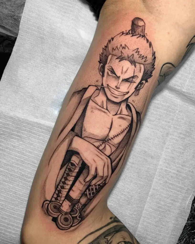 Black and Grey Zoro With Swords Arm Tattoo