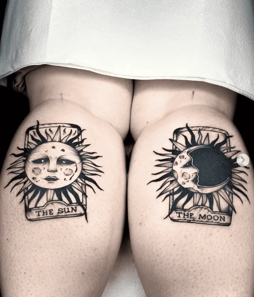 Bold Detailed Black Sun and Moon Tarot Card Leg Tattoo