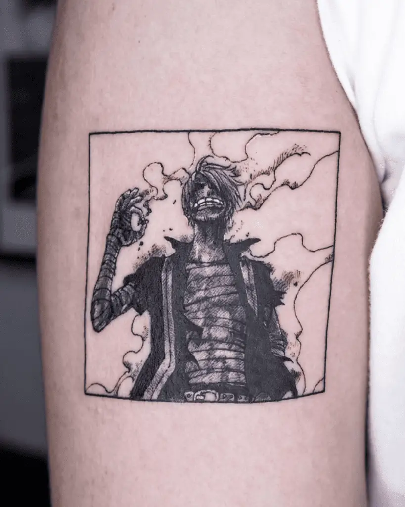 Burned Sanji With Smoke Upper Arm Tattoo