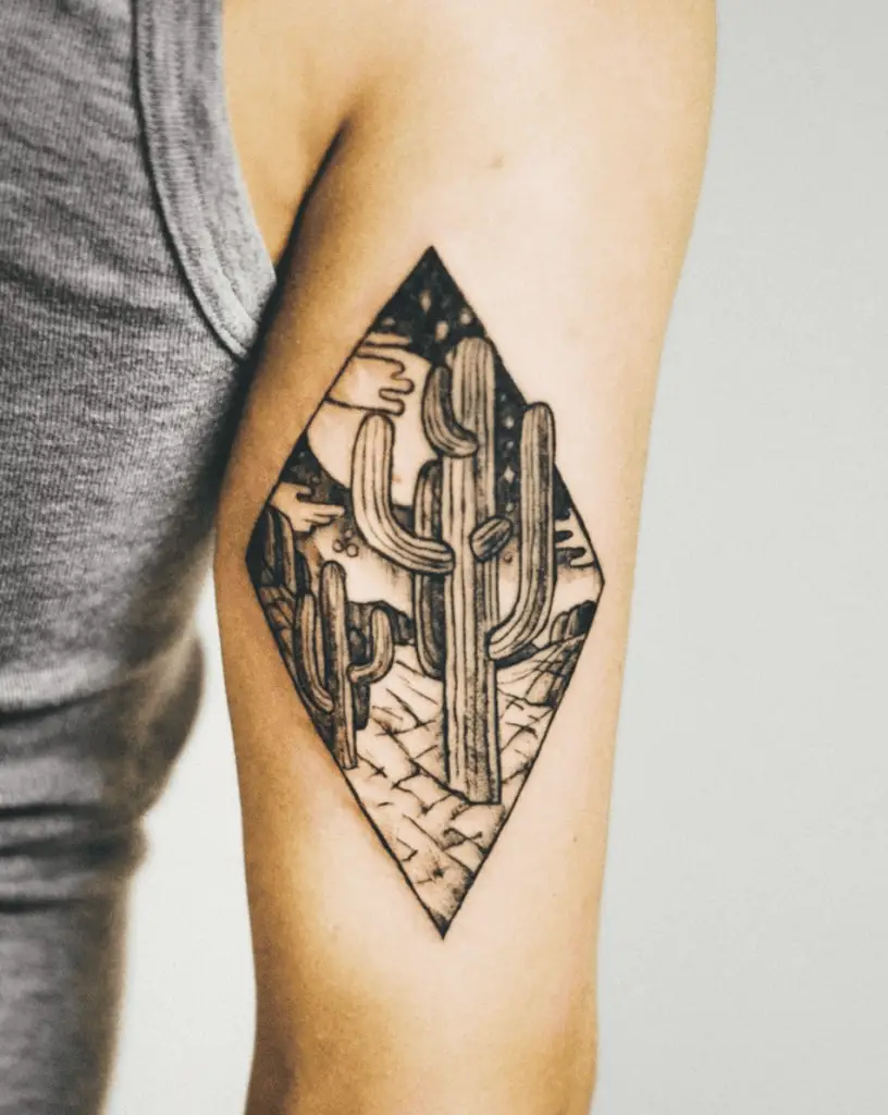 Cactus Desert at Night Time in Diamond Shape Arm Tattoo