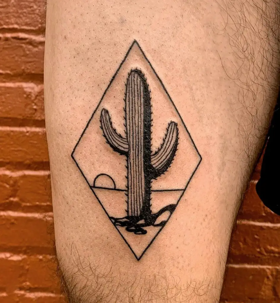 Cactus Desert in Outline Diamond Thigh Tattoo