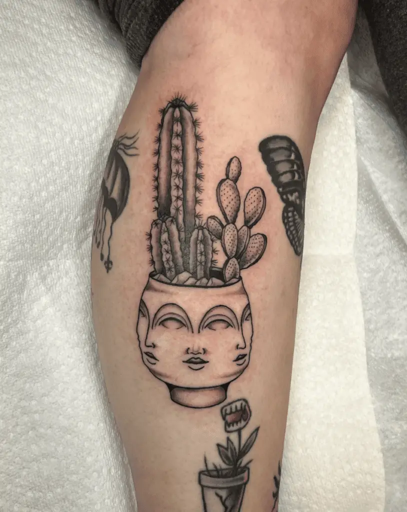 Cactus Plant on Face Planter Pot Leg Tattoo