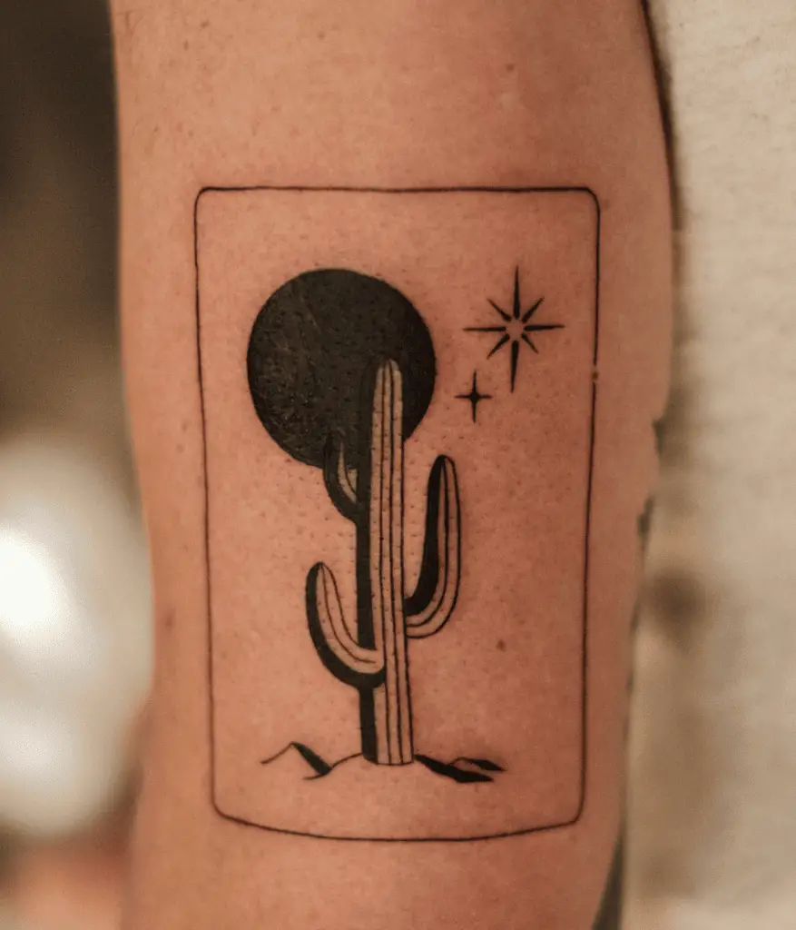 Cactus With Black Moon and Stars in Outline Box Arm Tattoo