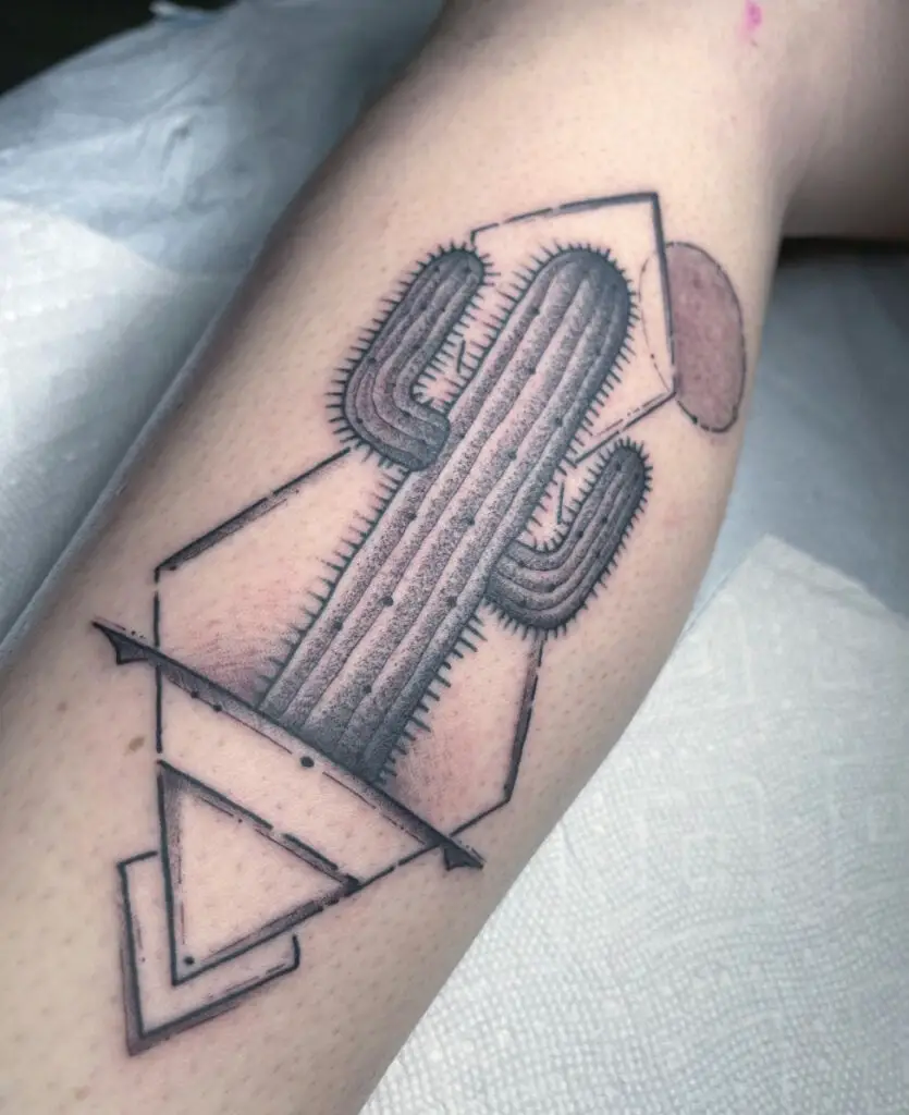 Cactus With Geometry Elements Leg Tattoo