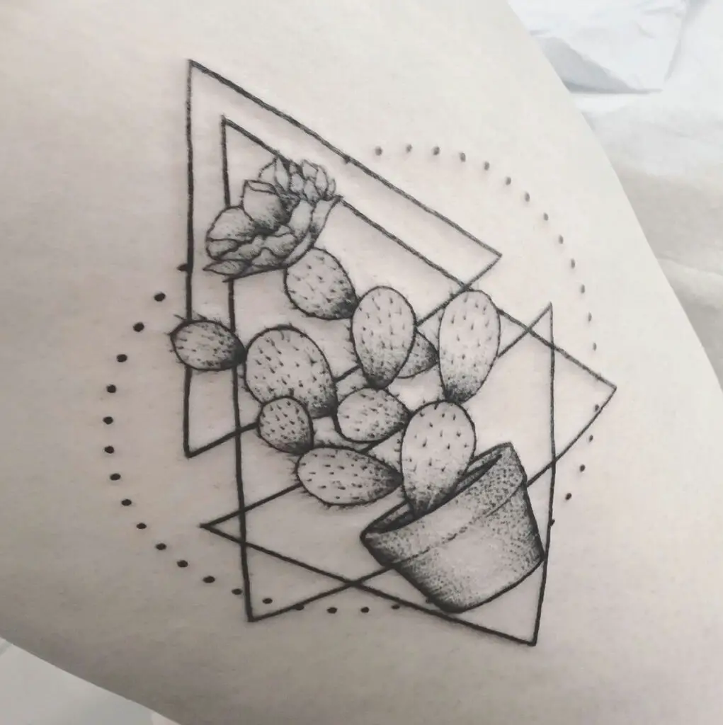 Cactus With Surrounding Geometric Design Arm Tattoo