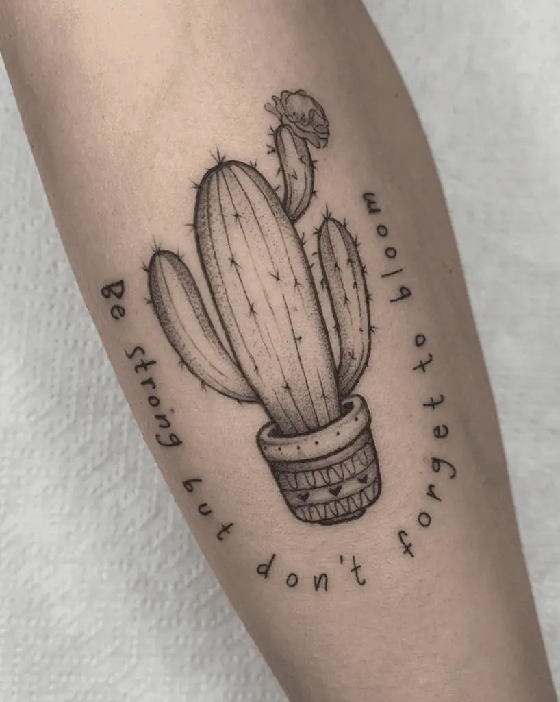 Cactus With Word Phrase Text Leg Tattoo