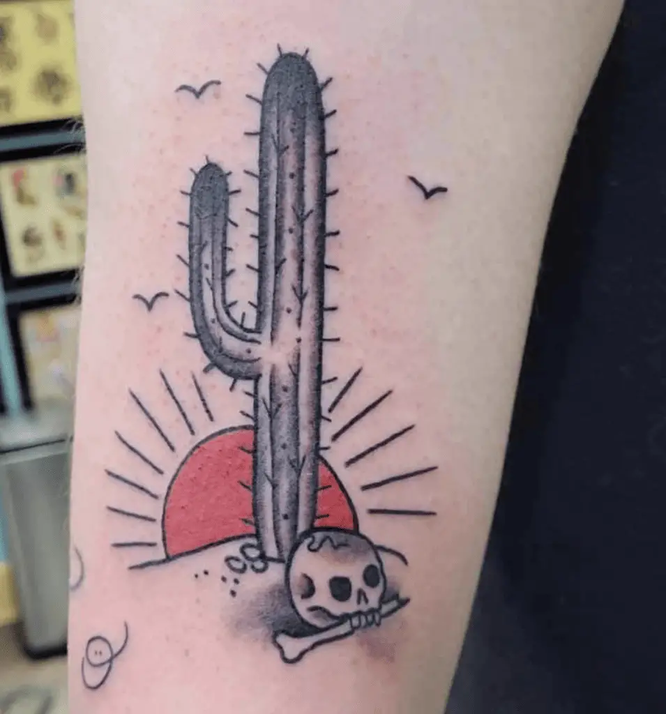 Cactus and Skull With Birds Flying and Red Sunset Arm Tattoo