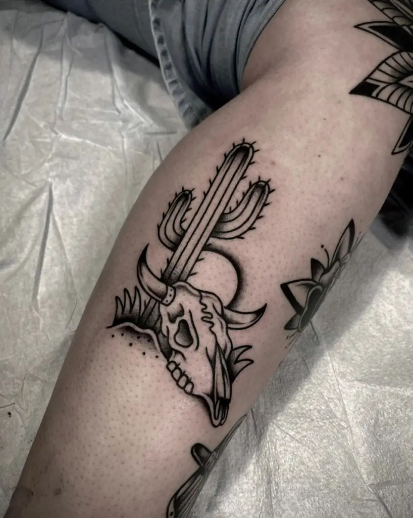 Cactus and Skull and Sun Leg Tattoo