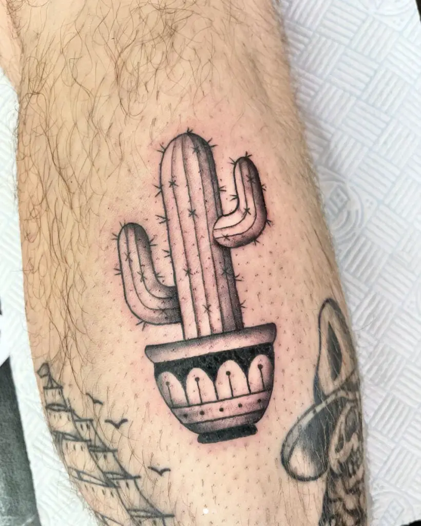 Cactus in Aztec Pot Leg Tattoo