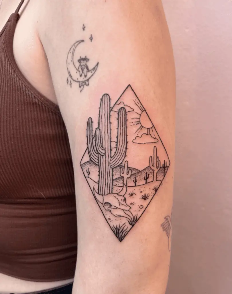 Cactus in Desert Land Inside the Diamond Shape Upper Arm Tattoo