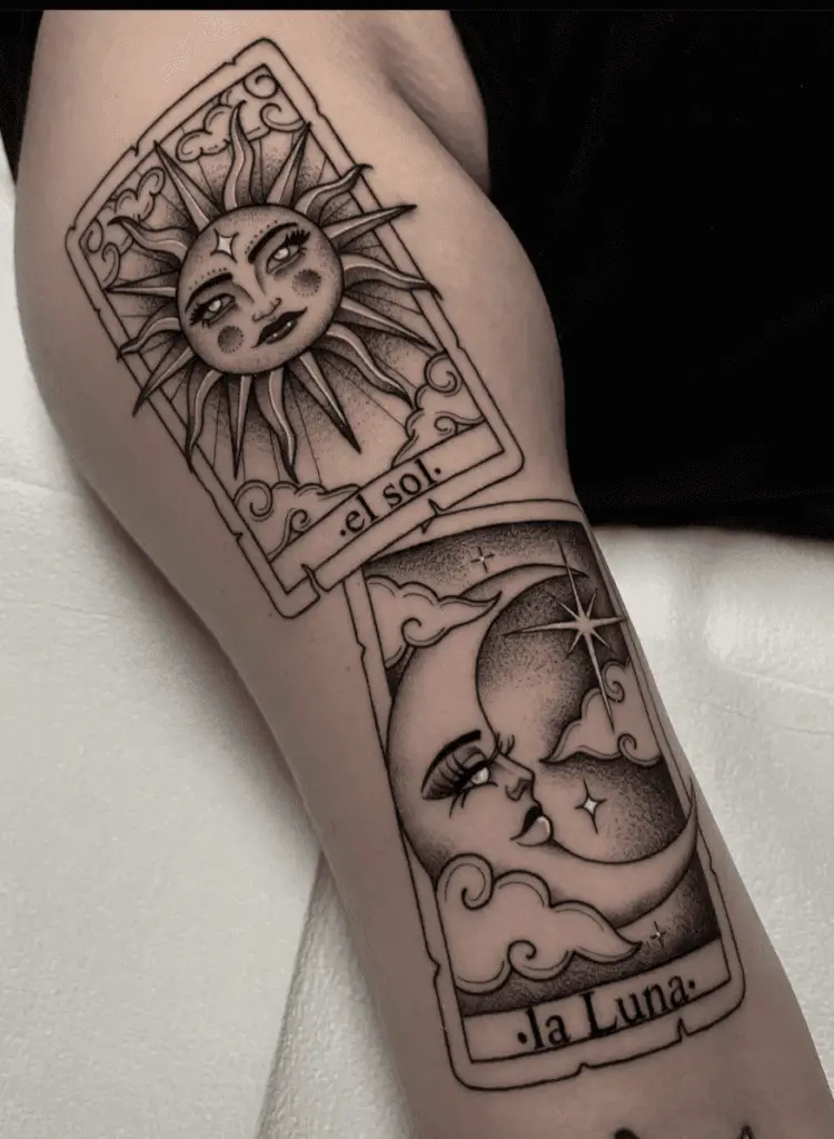 Celestial Sun and Moon Tarot Cards Upper Arm Tattoo
