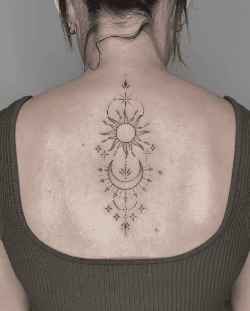 Celestial Sun and Moon in Vertical Design Back Tattoo