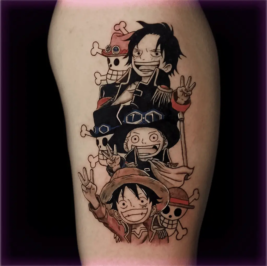 Colored Ace, Sabo and Luffy Posing a Hand Gesture Thigh Tattoo