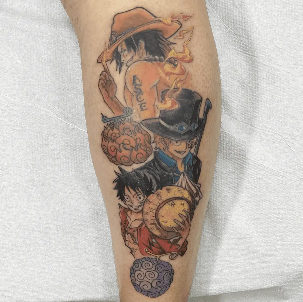 Colored Ace, Sabo and Luffy With Fireball and Gum Ball Leg Tattoo