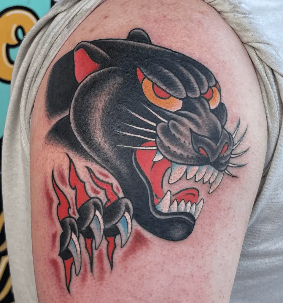 Colored Angry Black Jaguar With Realistic Claw Scratch Upper Arm Tattoo