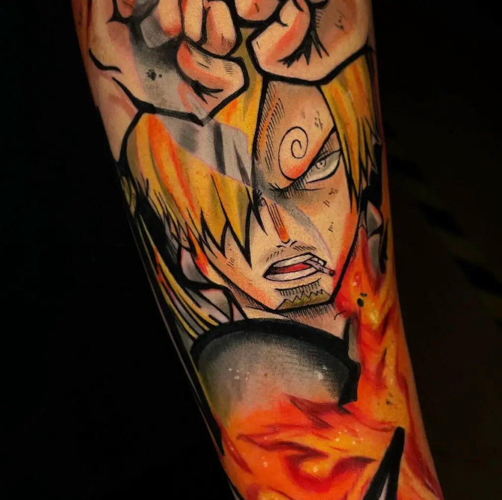 Colored Angry Sanji Flaming Leg Tattoo