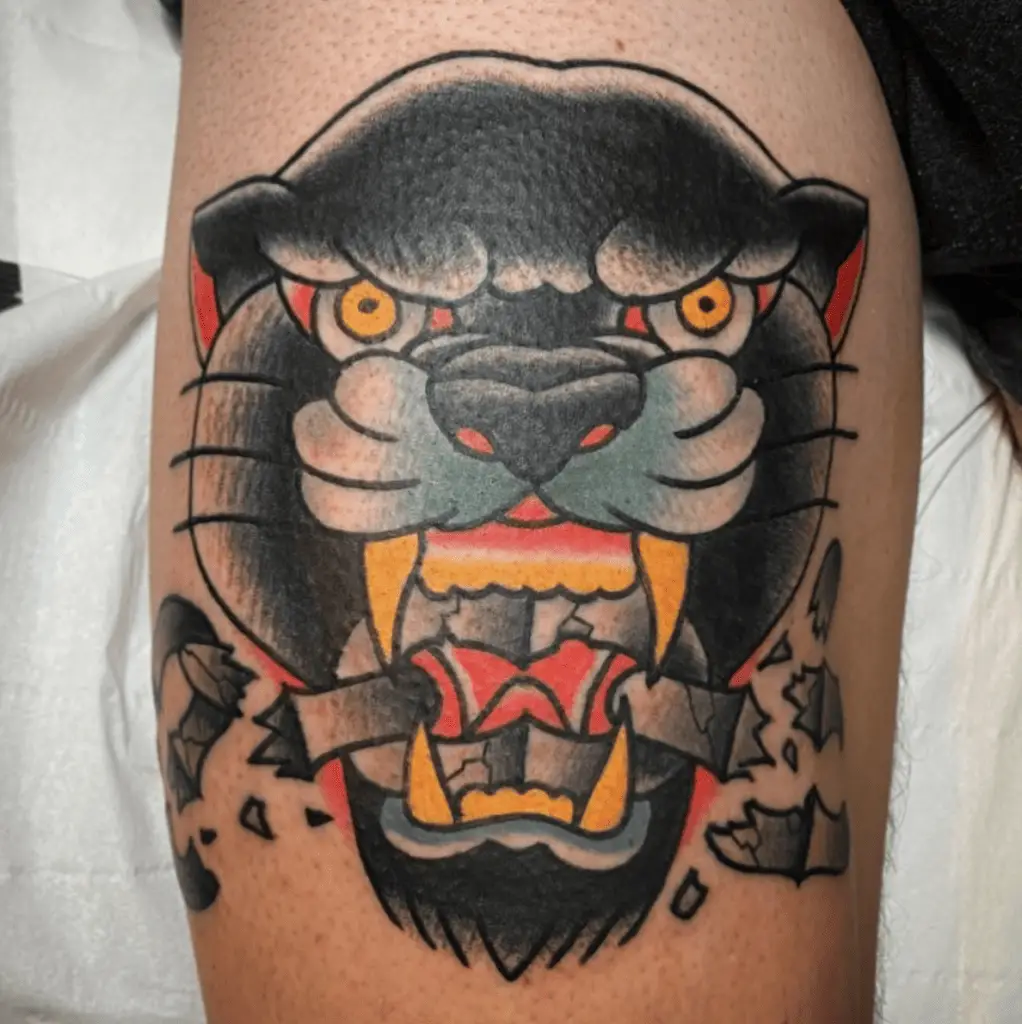 Colored Black Panther With Broken Chain on it's Mouth Leg Tattoo