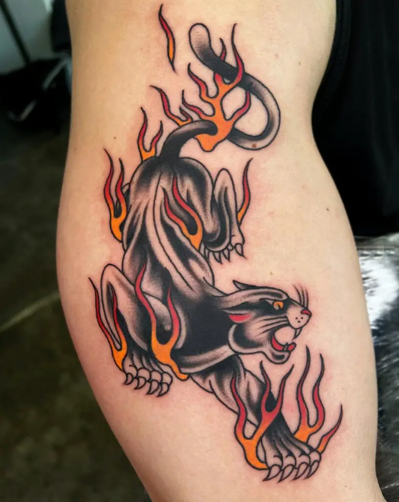 Colored Black Panther With Flames Arm Tattoo