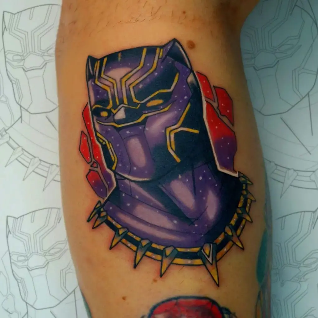 Colored Black Panther in Violet Vibranium Suit Leg Tattoo