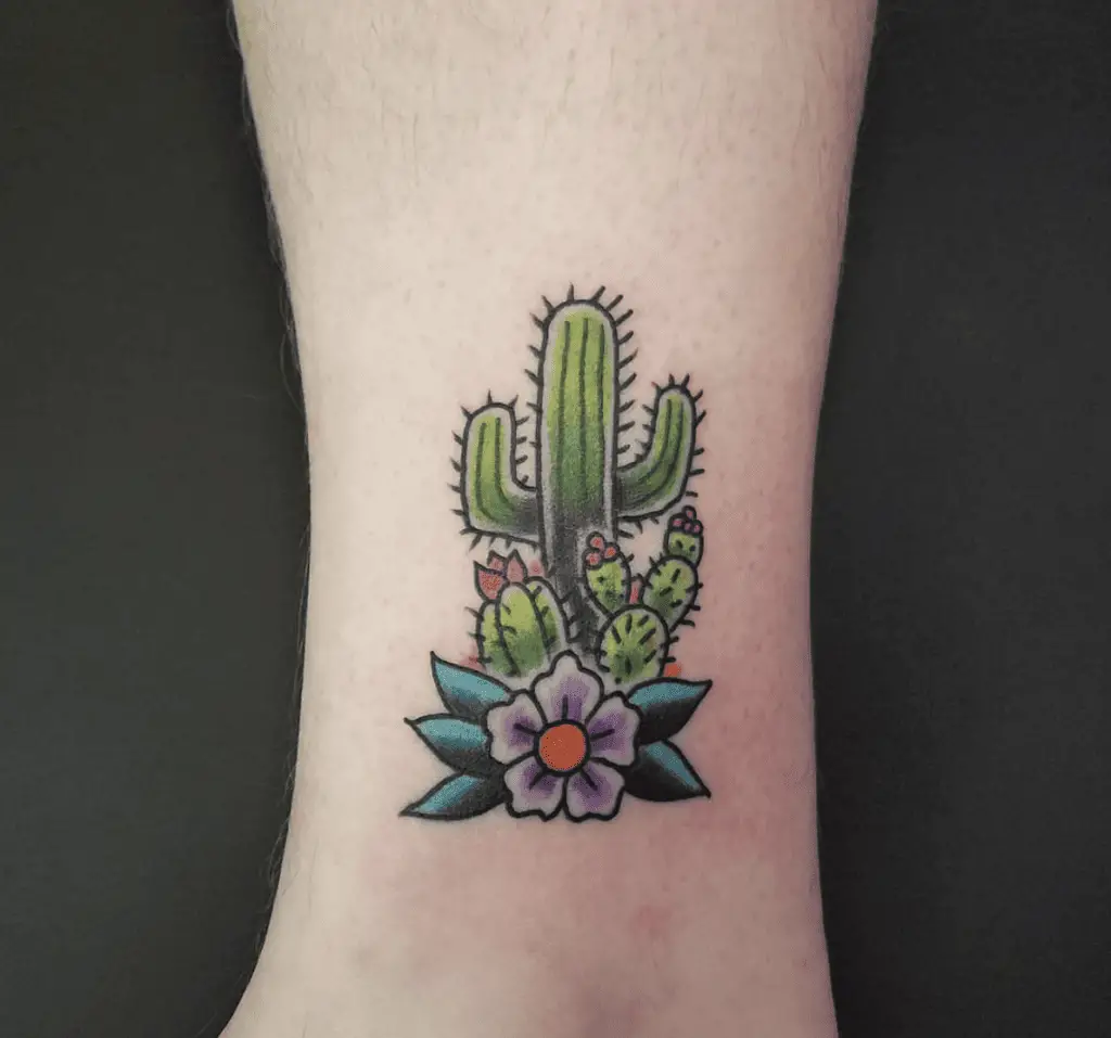 Colored Cacti Above a Flower Ankle Tattoo