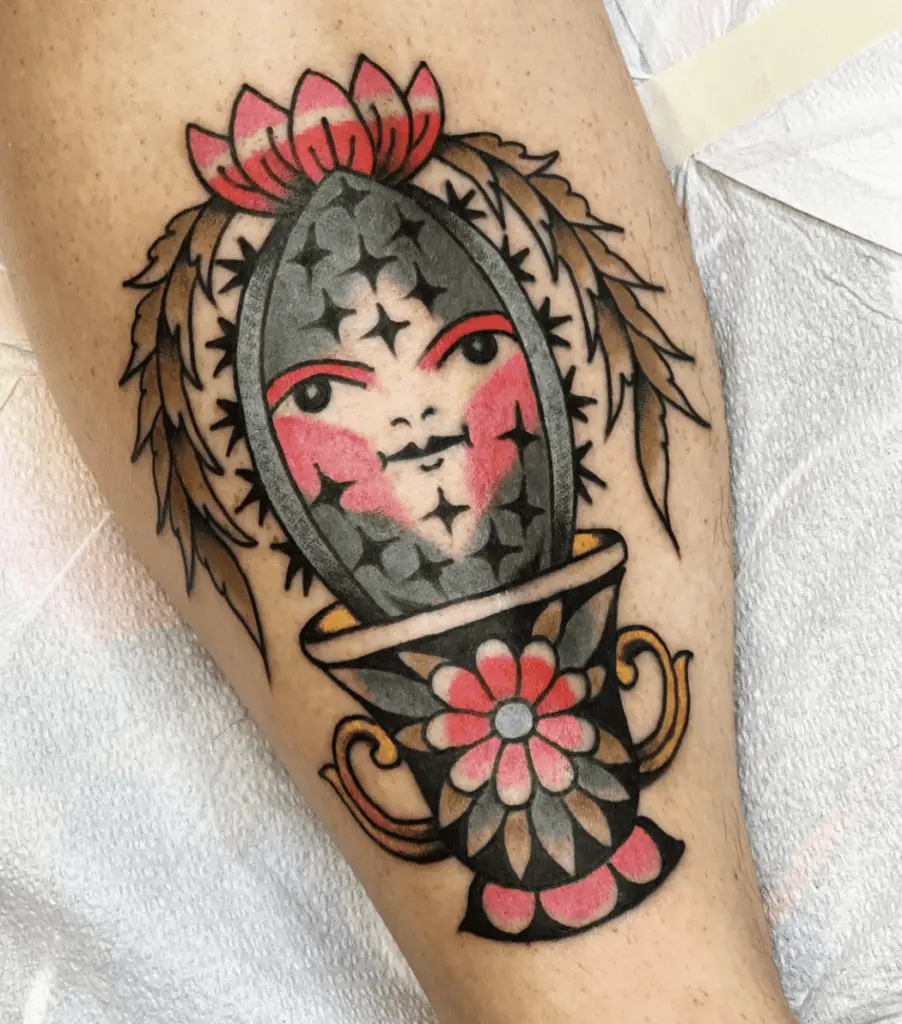Colored Cactus Lady With Face in Flower Vase Leg Tattoo