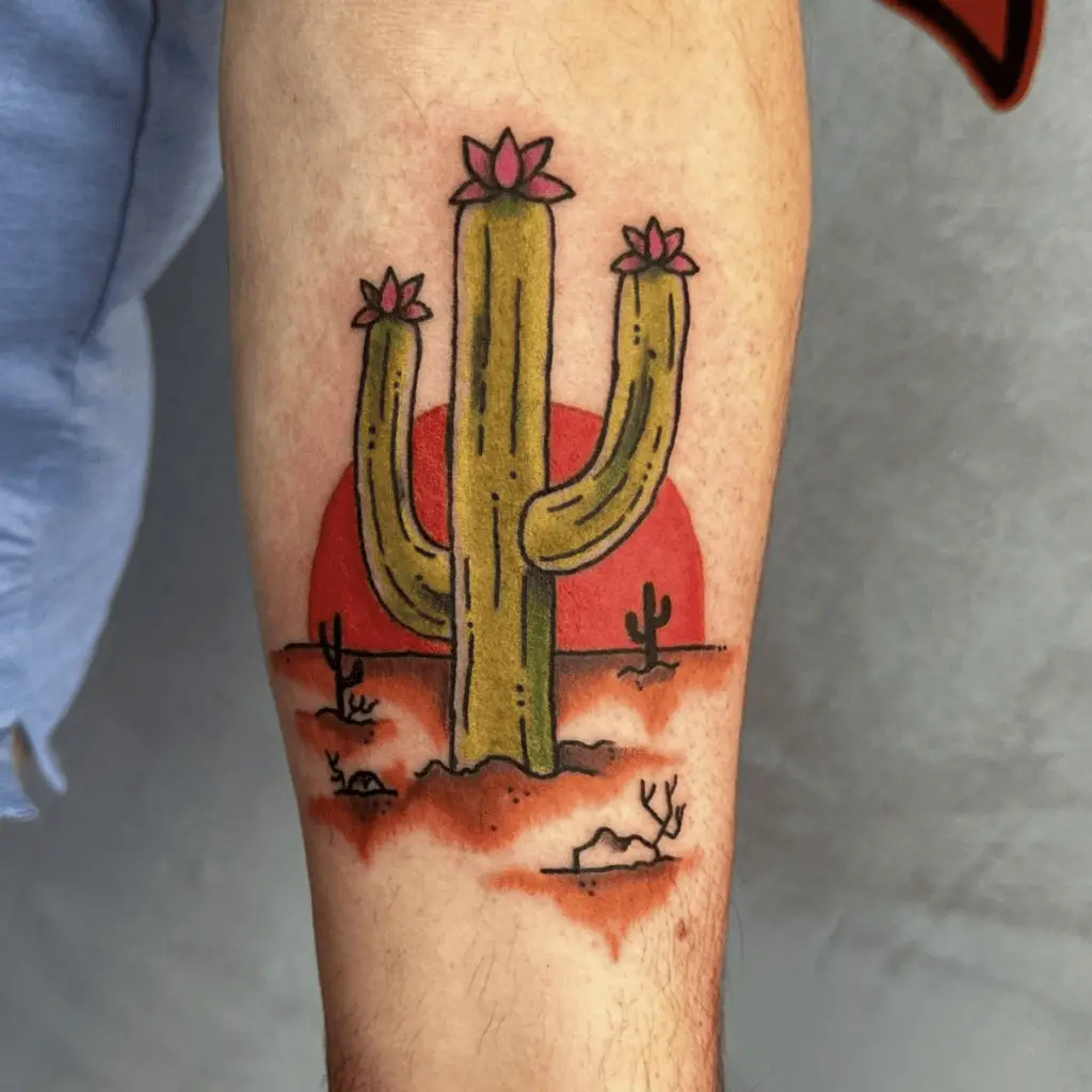 Colored Cactus With Flowers at Red Sunset Arm Tattoo