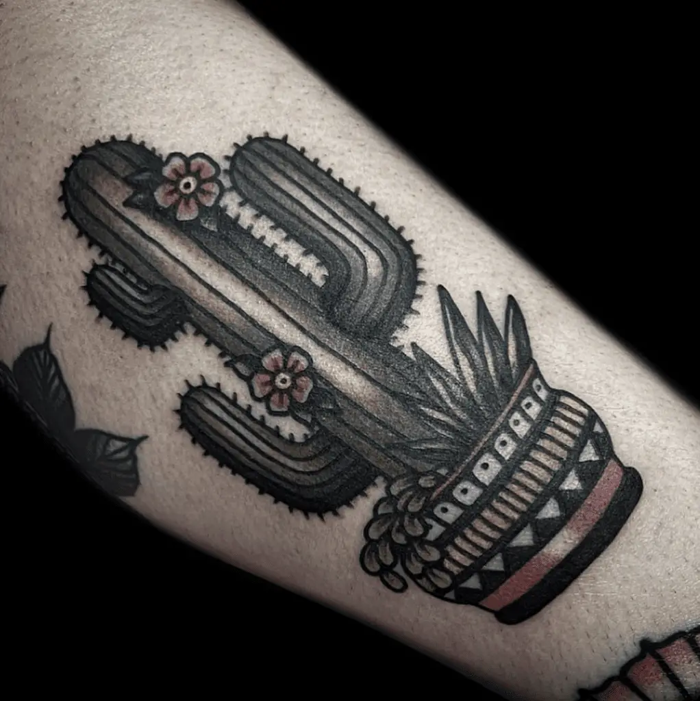 Colored Cactus With Flowers in Aztec Pot Arm Tattoo