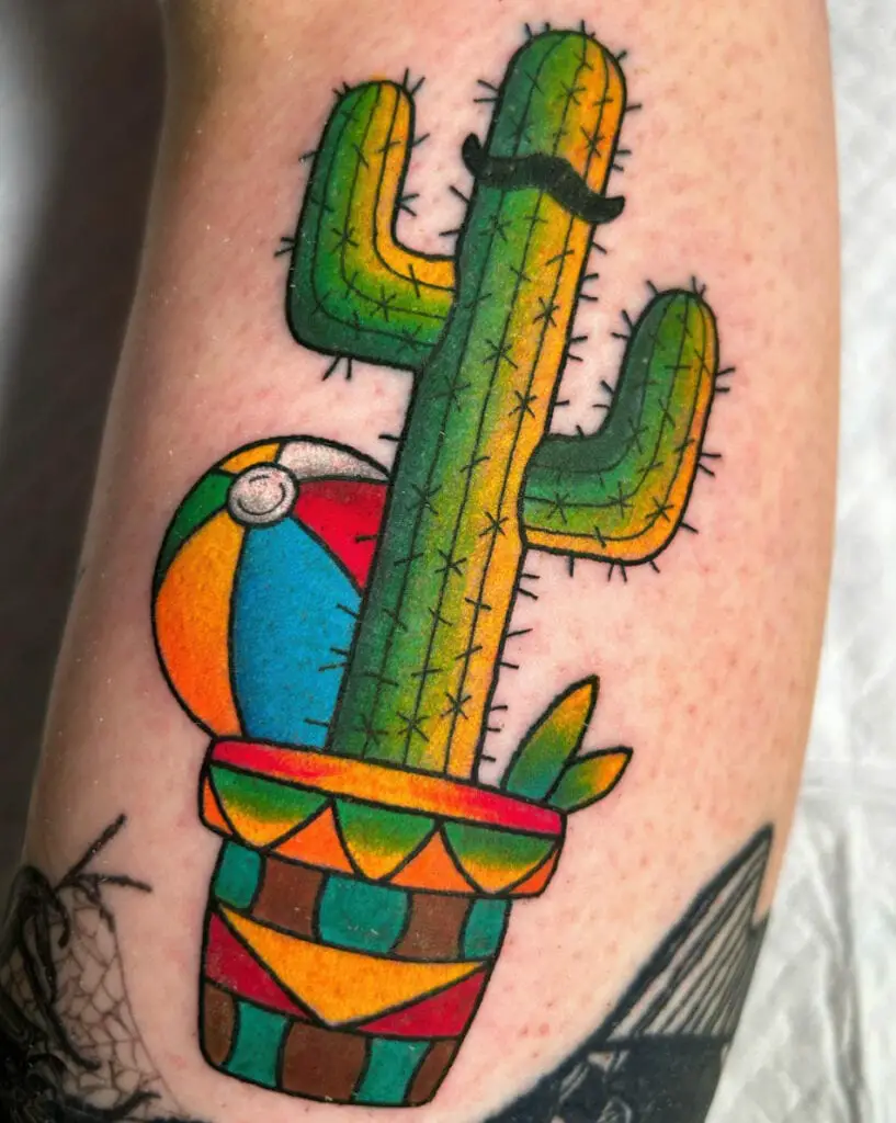 Colored Cactus With Mustache in a Pot With Beach Ball Leg Tattoo