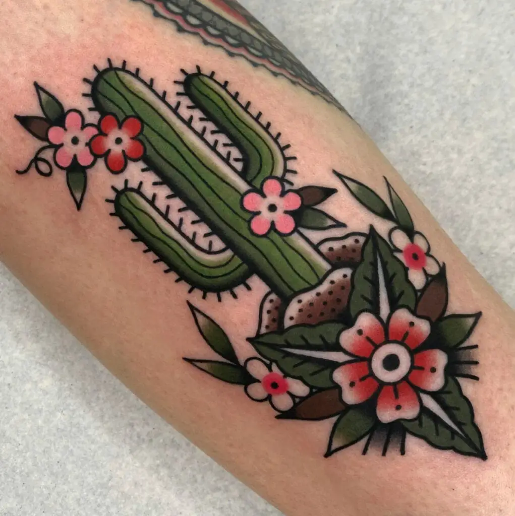 Colored Cactus With Pink and Red Flowers Arm Tattoo