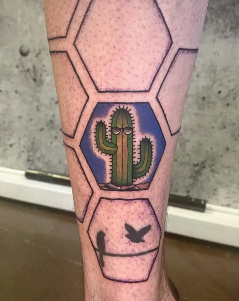 Colored Cactus With Sunglasses and Hexagons Background Leg Tattoo