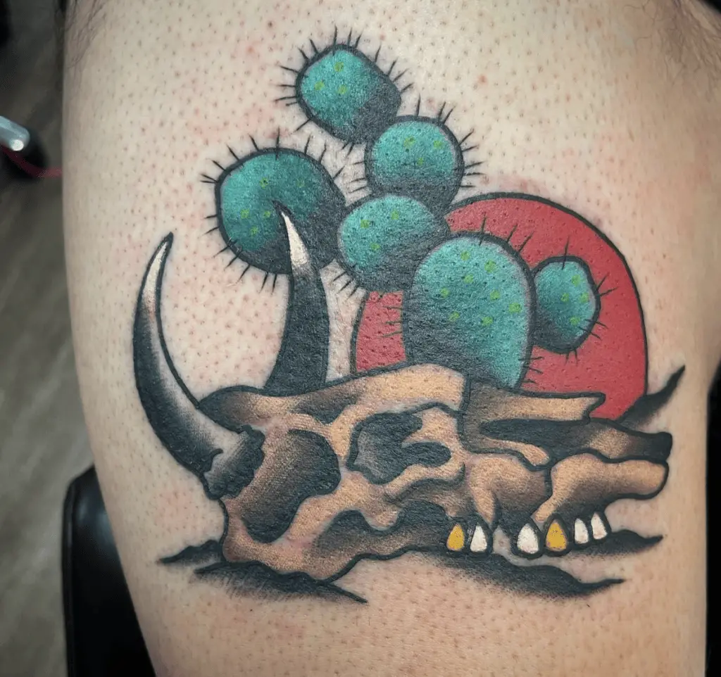 Colored Cactus and Cow Skull With Red Sun Backgroud Thigh Tattoo