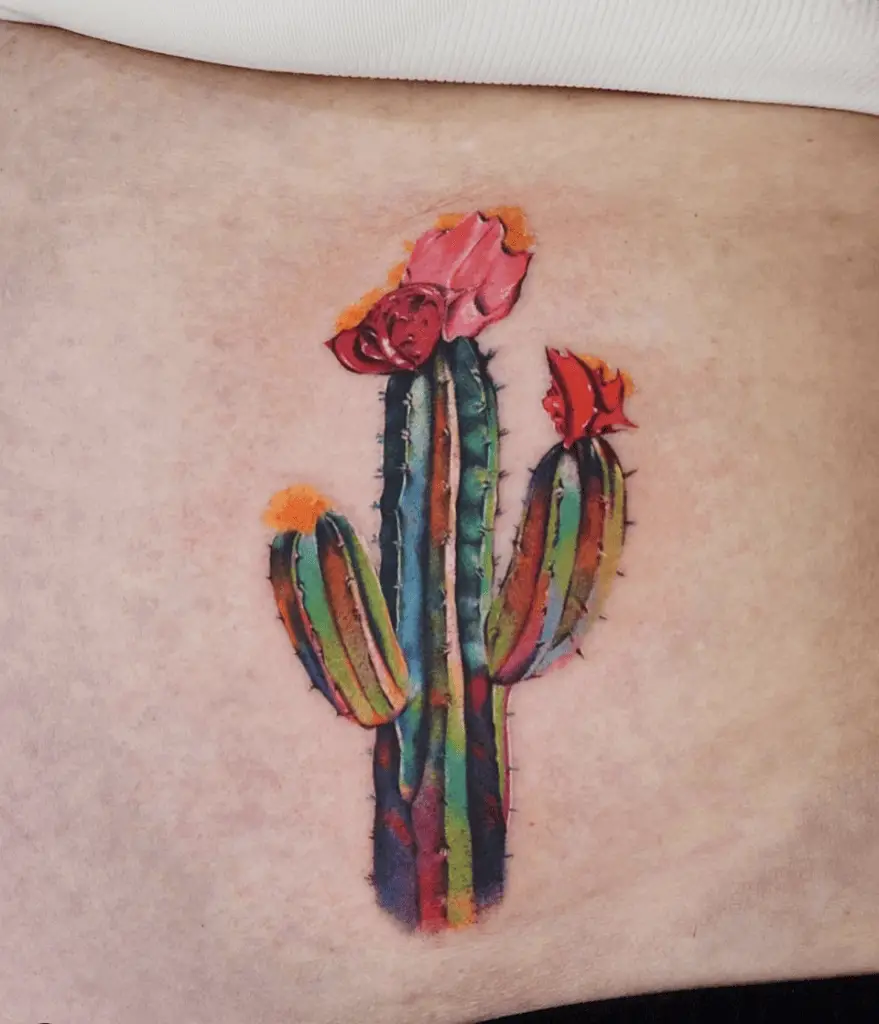Colored Cactus in Acrylic Painting Stomach Tattoo