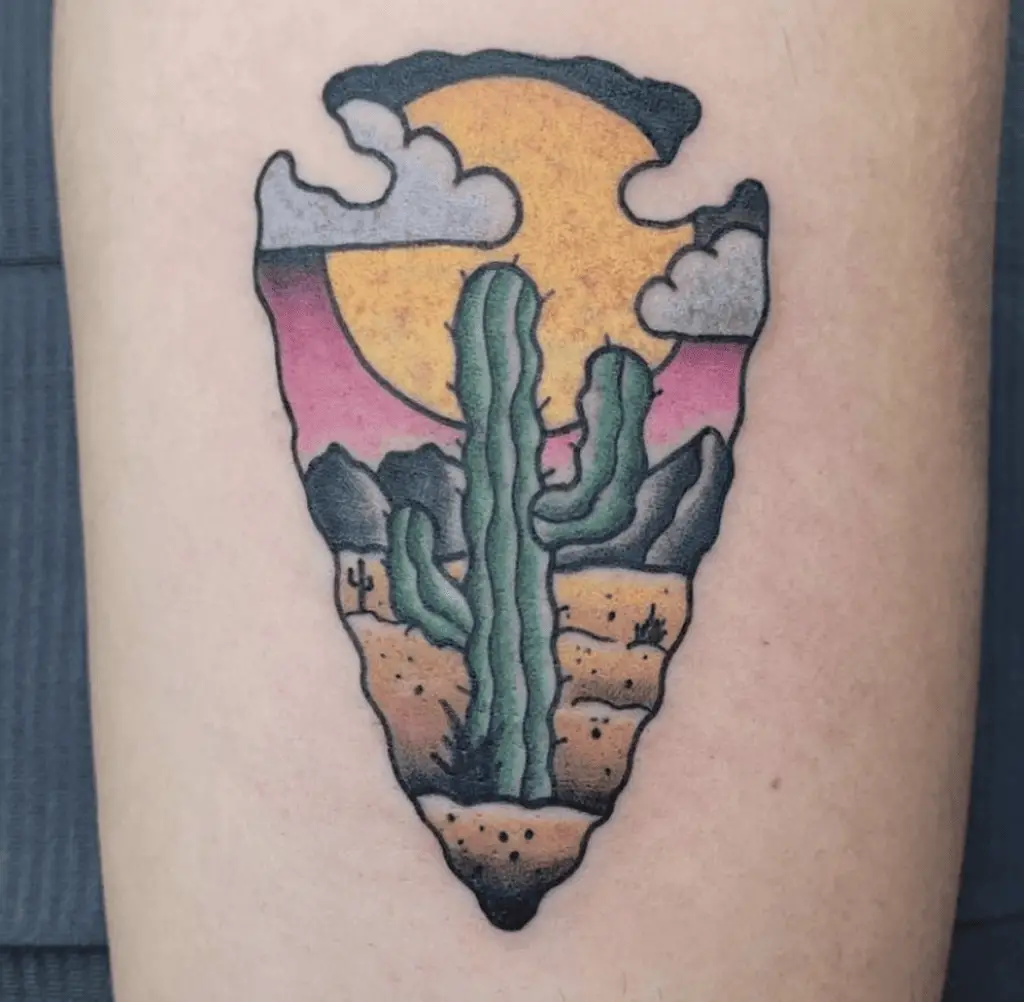 Colored Cactus in Desert Land Inside the Arrowhead Tattoo