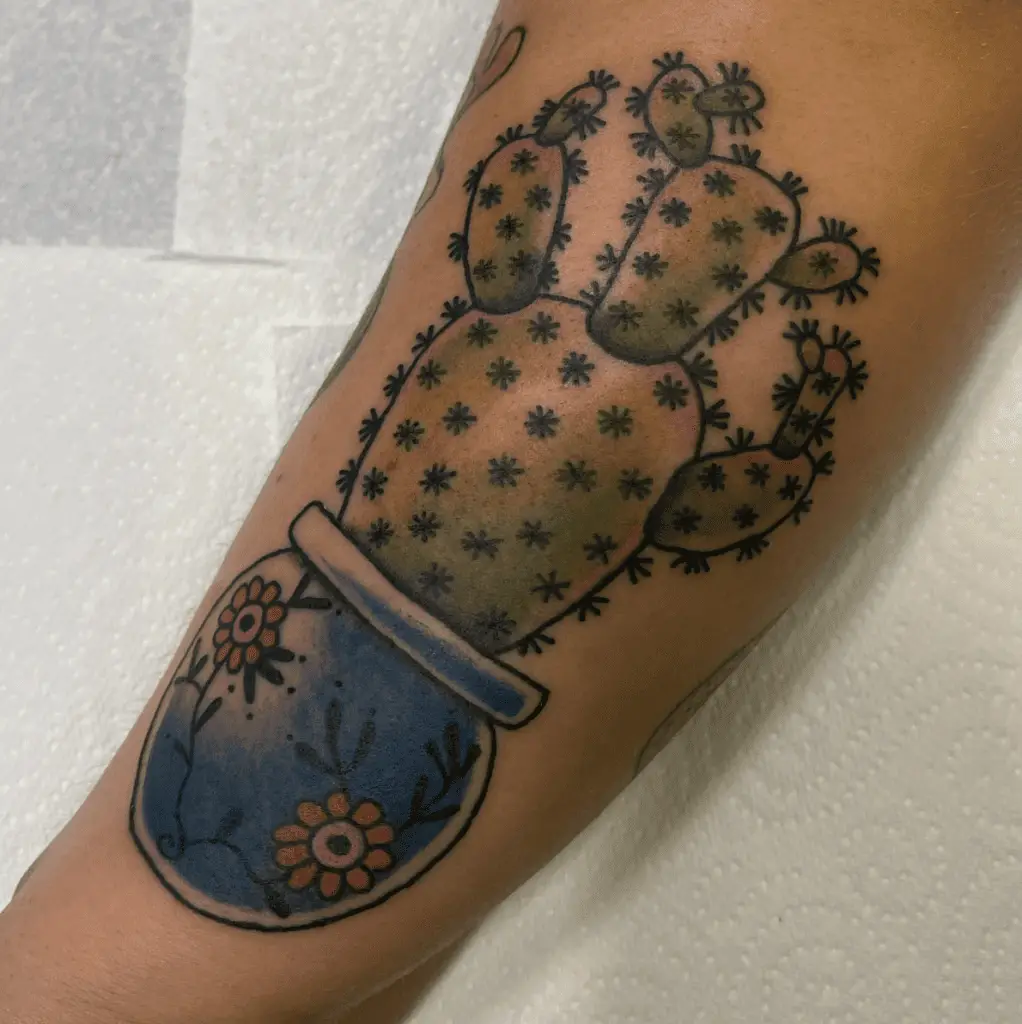Colored Cactus in Flower Pot Design Arm Tattoo