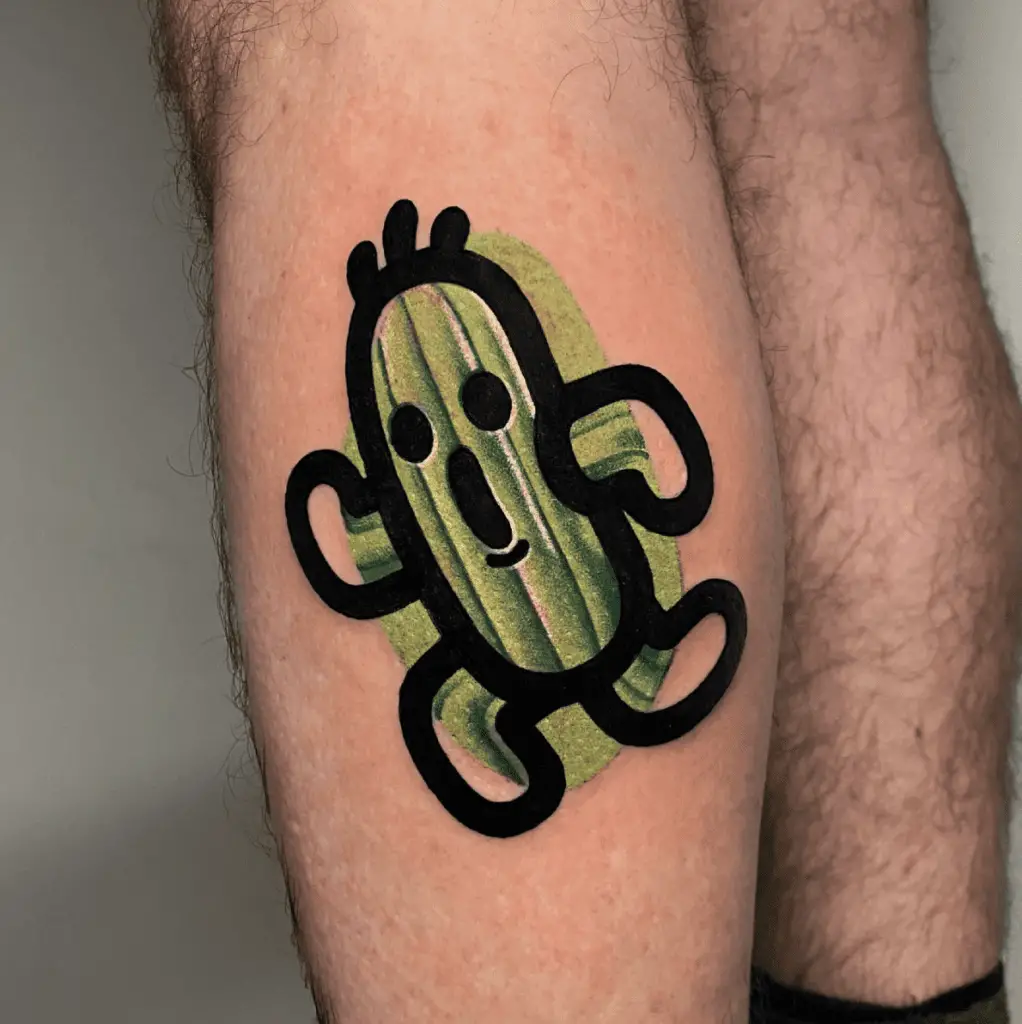 Colored Cactus in Haniwa Face and Running Pose Leg Tattoo