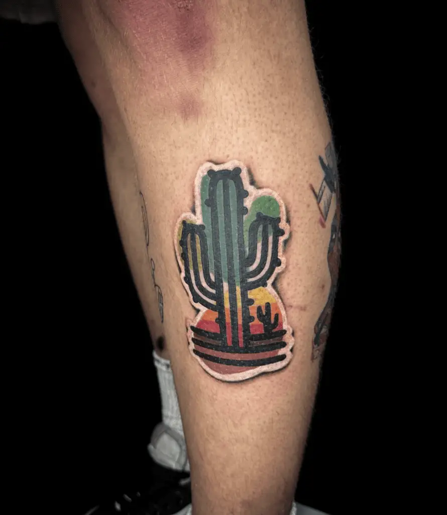 Colored Cactus in Sticker Style Leg Tattoo