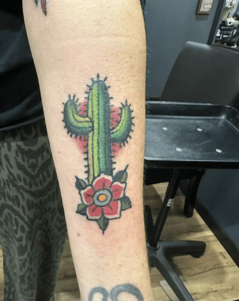 Colored Catus and Flower Arm Tattoo