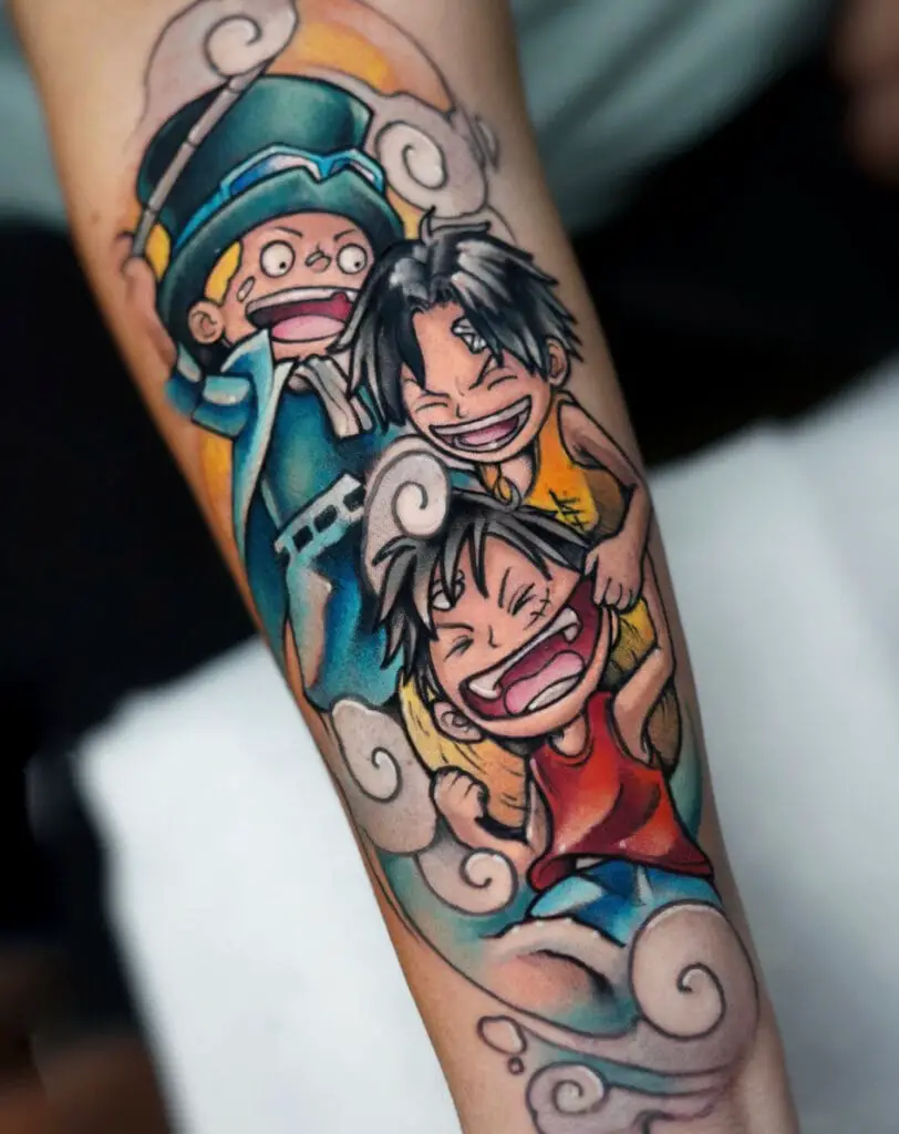 Colored Kid Sabo, Ace and Luffy Playing Around Arm Tattoo